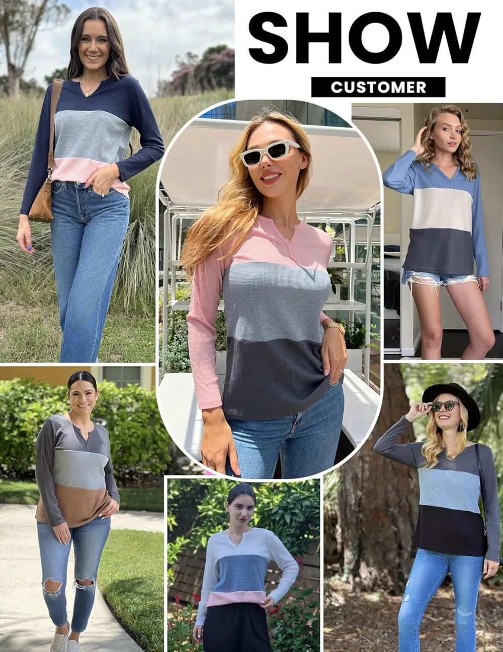 Women's Waffle Shirts V Neck Long Sleeve Tops Color Block T-Shirts Casual Tunics 2024 Fashion Basic Tees