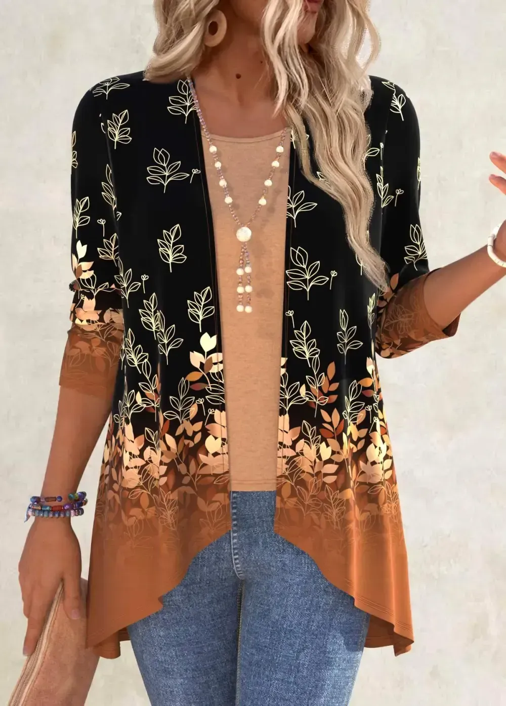 Plus Size Black Handkerchief Hem Leaf Print Light Cardigan