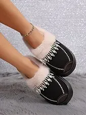 Women's Faux Fur Lined Rhinestone Slippers, Warm Plush Non-Slip Indoor Shoes, Elegant Winter House Footwear for Holiday Comfort
