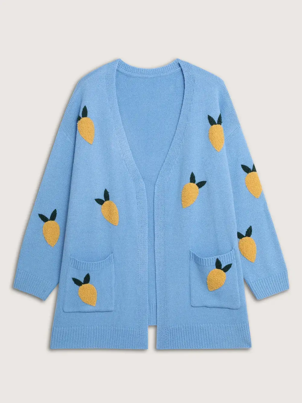 Lemon Embroidery V-Neck Pockets Knit Cardigan