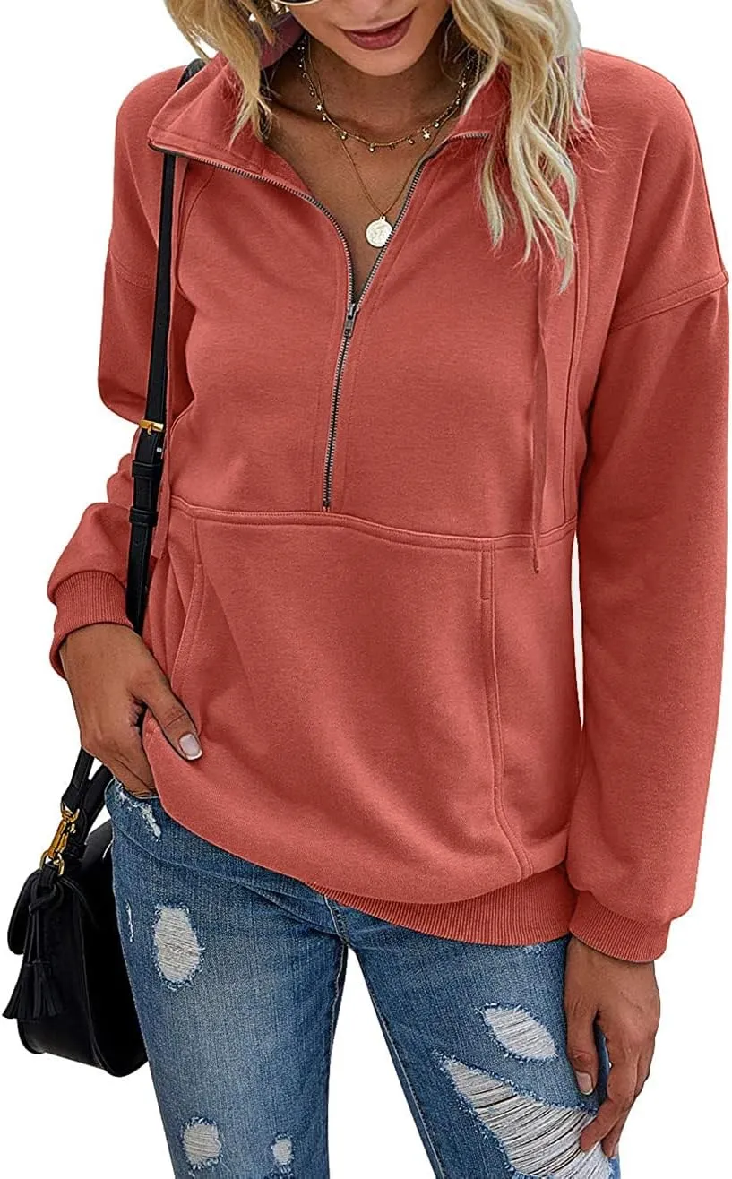 Women's Casual Long Sleeve Lapel Zipper Sweatshirt Drawstring Loose Pullover Tops