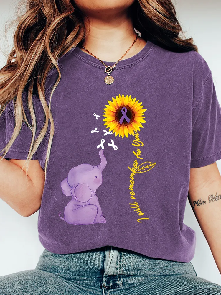 Women's Elephant I Will Remember For You Sunflower Alzheimer T-Shirt