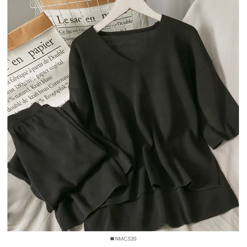 V-neck half-sleeved sweater drape wide-leg pants suit