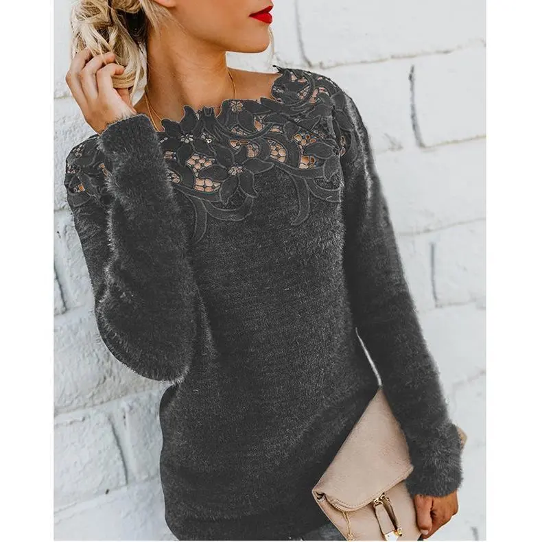 Solid Lace Splice Long Sleeve Plush Sweater