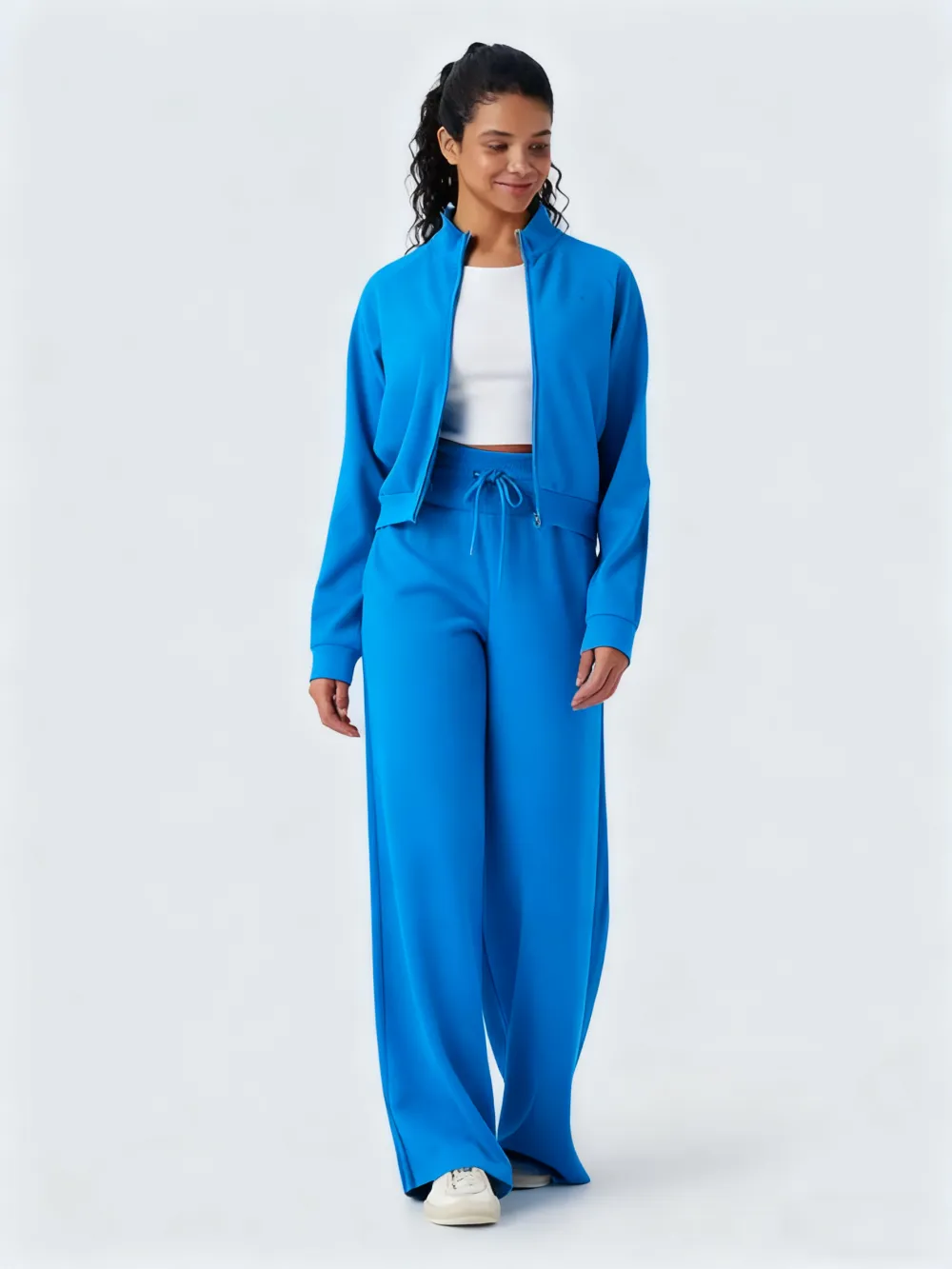 Stand-up collar jacket + wide-leg pants