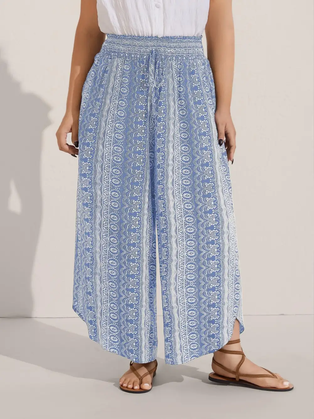 Boho Print Shirred Waist Wide-Leg Pants