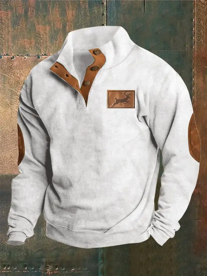 Men's Western Style Printed Stand Collar Button Sweatshirt