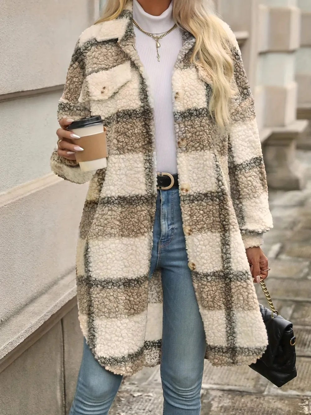 Long Sleeve Plaid Fuzzy Lapel Collar Jacket - Soft, Elegant, and Warm for Fall & Winter - Machine Washable Polyester Coat for Women