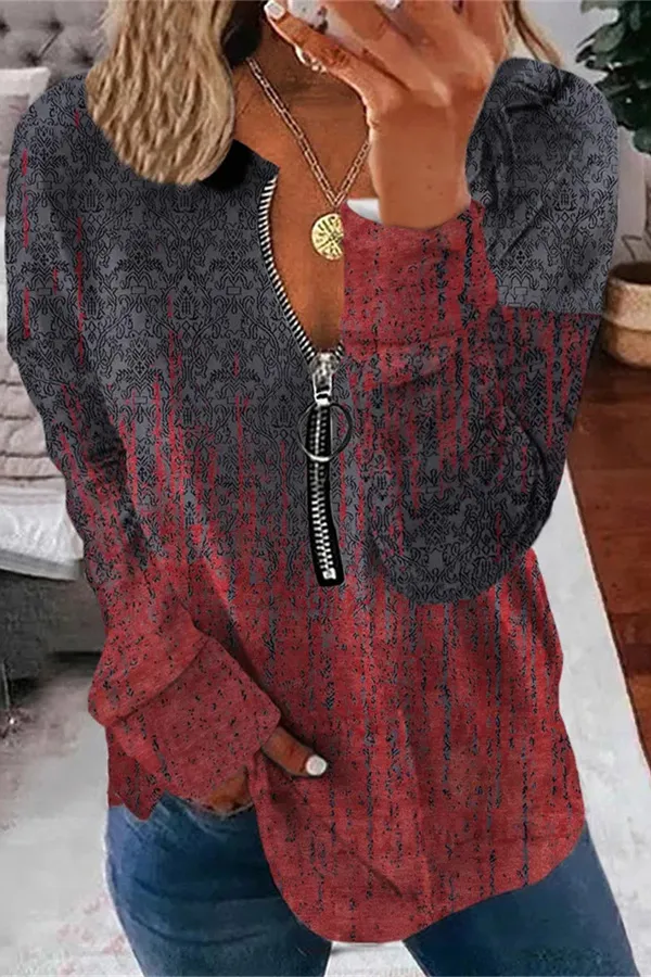 Vintage Graphic Print Zipper Design Top
