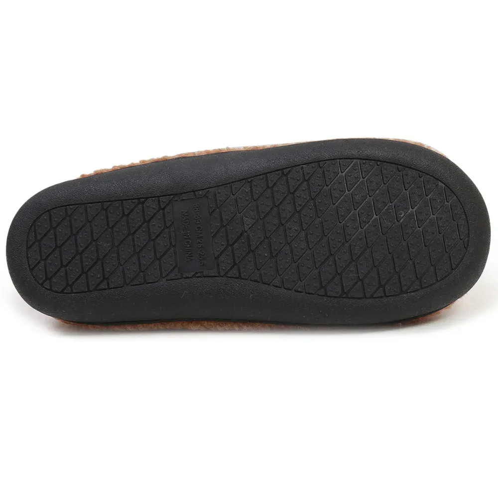 Dark Camel Closed Toe Falt Faux Fur Slippers