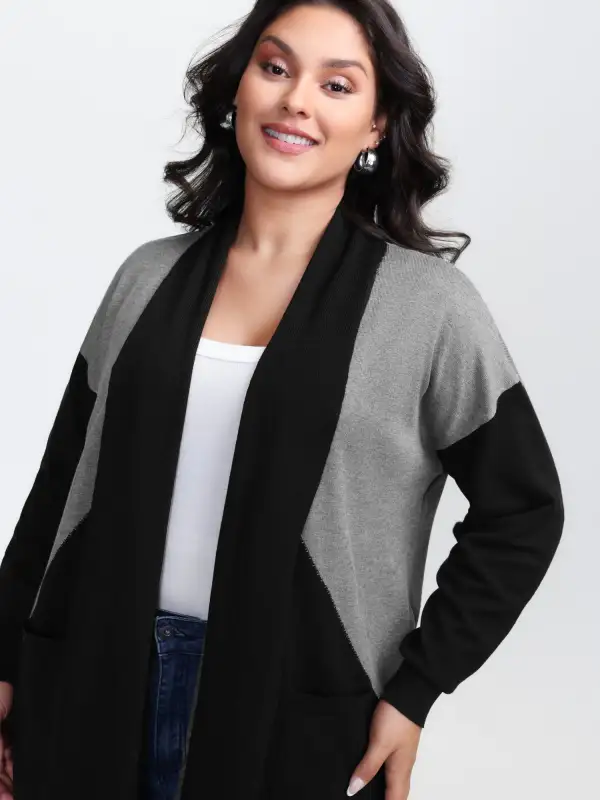 Color Patches Kimono Collar Pockets Knit Cardigan