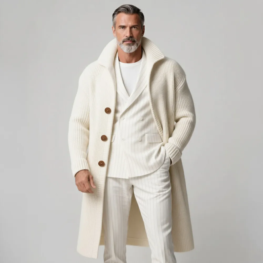 Men's Off White Ribbed Knit Turndown Collar Long Sleeve Button Mid-Length Sweater Overcoat