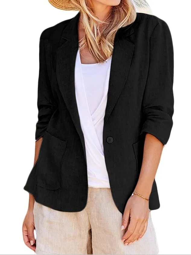 Lapel Collar Long Sleeve Plain Regular Loose Blazer For Women