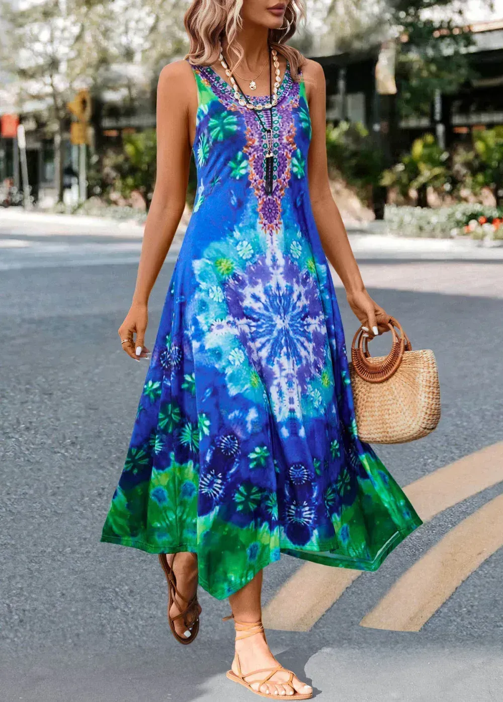 Blue Asymmetry Tie Dye Print H Shape Dress
