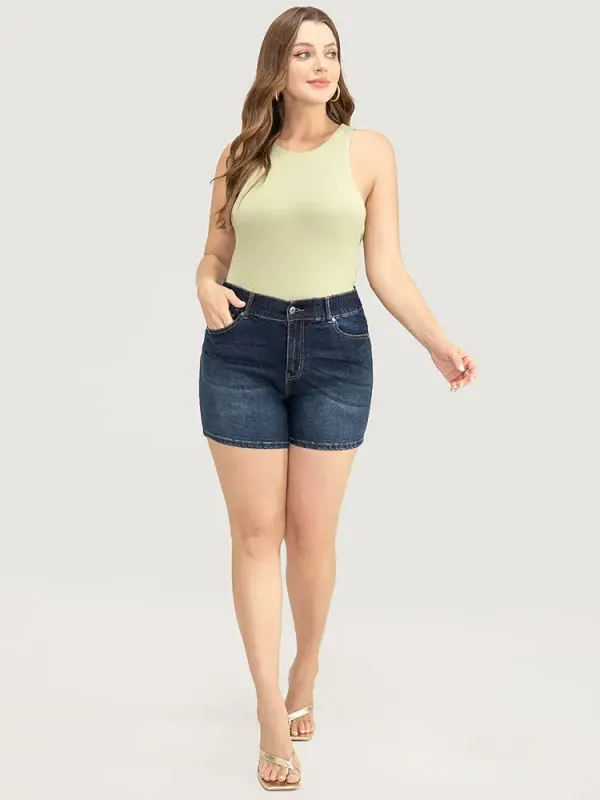 Very Stretchy High Rise Slant Pocket Denim Shorts