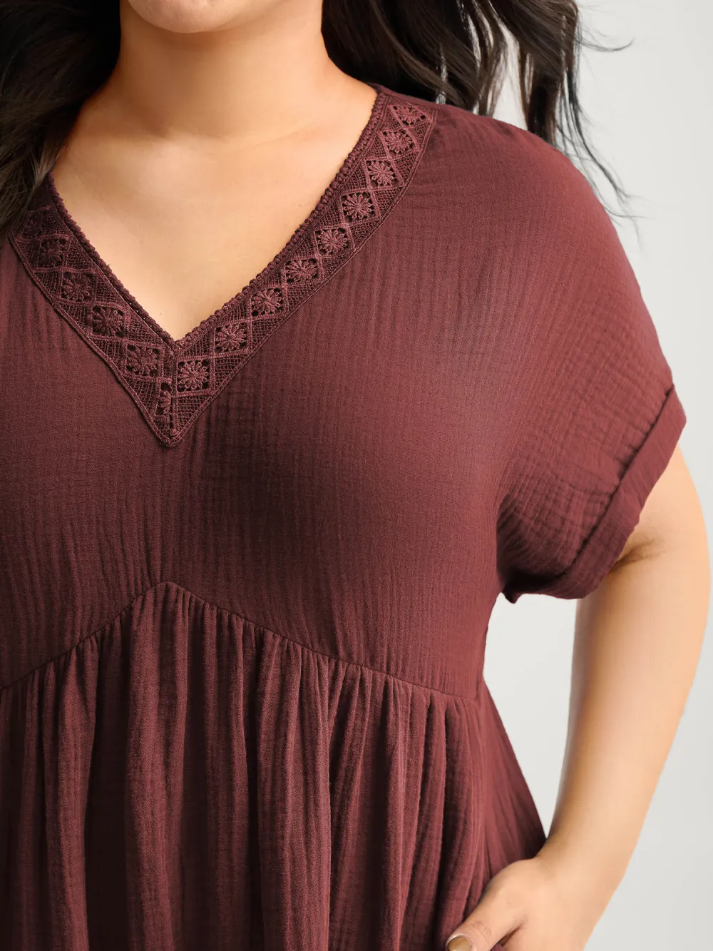 Pure Cotton Lace V-Neck Solid Midi Dress