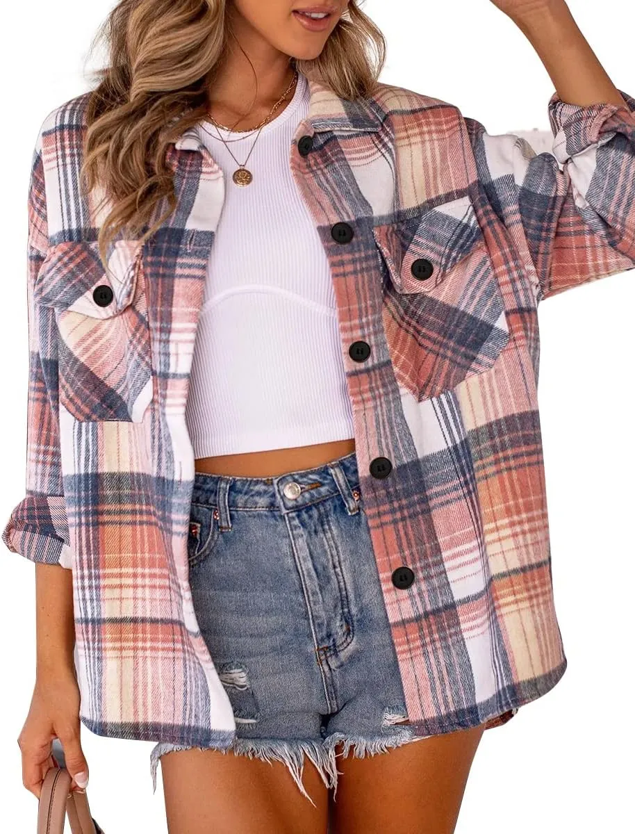 Womens Fall Outfits Fashion Clothes Shackets Flannel Plaid Button Down Long Sleeve Shirts Jackets 2024