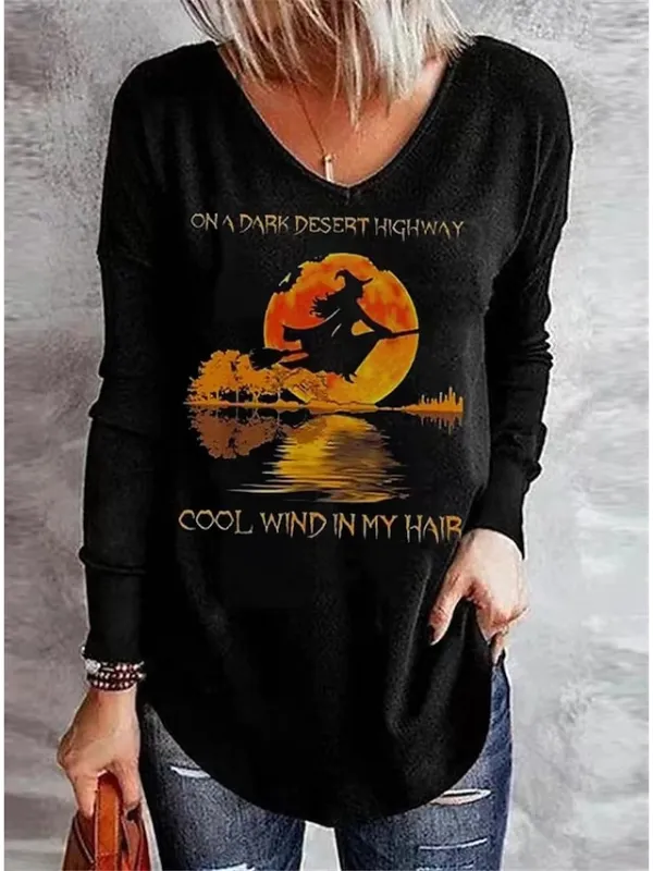 Women's T shirt Tee Tunic Black Blue Green Letter Ghost Print Long Sleeve Halloween Basic V Neck Regular Loose Fit S