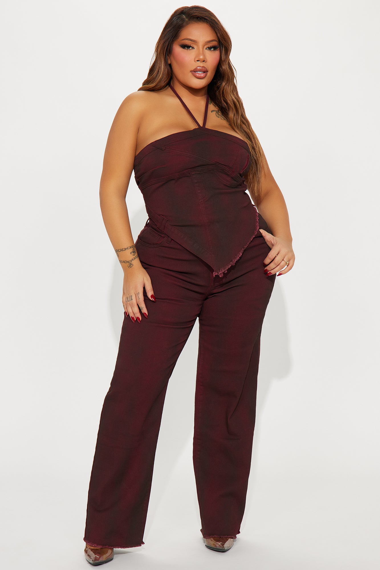 Next Level Washed Denim Pant Set - Wine