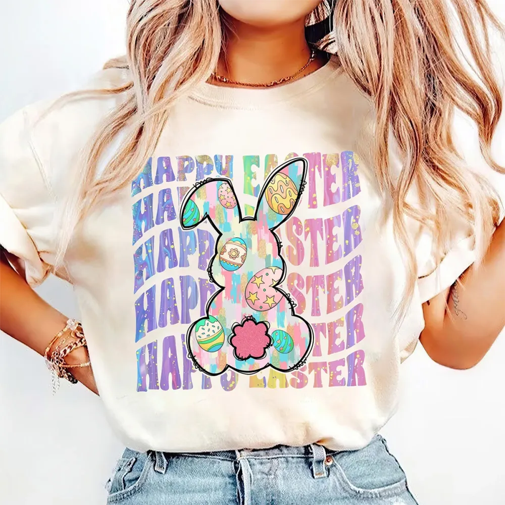 Happy Easter Printed Round Neck Short Sleeve T-Shirt