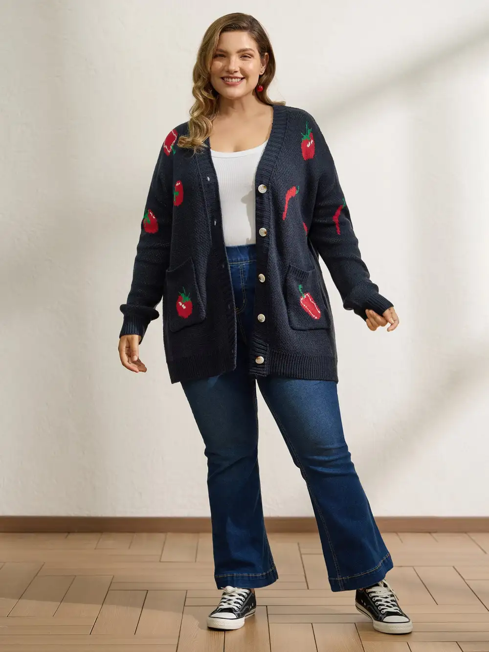 Tomato Chili Print Button Knit Cardigan