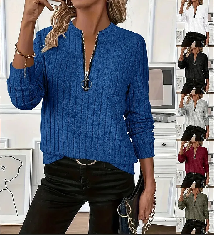 Women's Pullover Sweatshirt Plain Casual Long Sleeve V Neck Regular Tops Street Dailywear Zipper Black White Red Blue Green Fall Winter