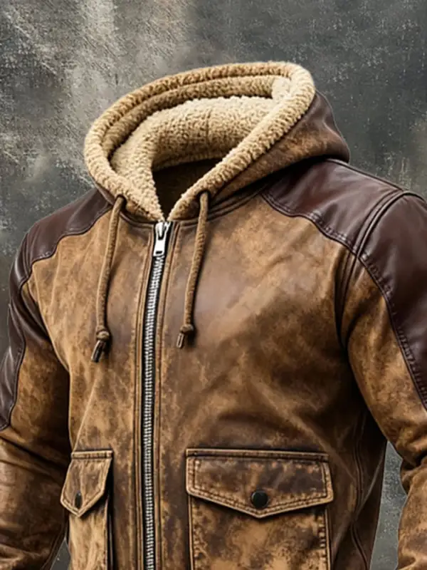 Men'S Vintage Suede Patchwork Contrast Color Lining Velvet Hooded Jacket