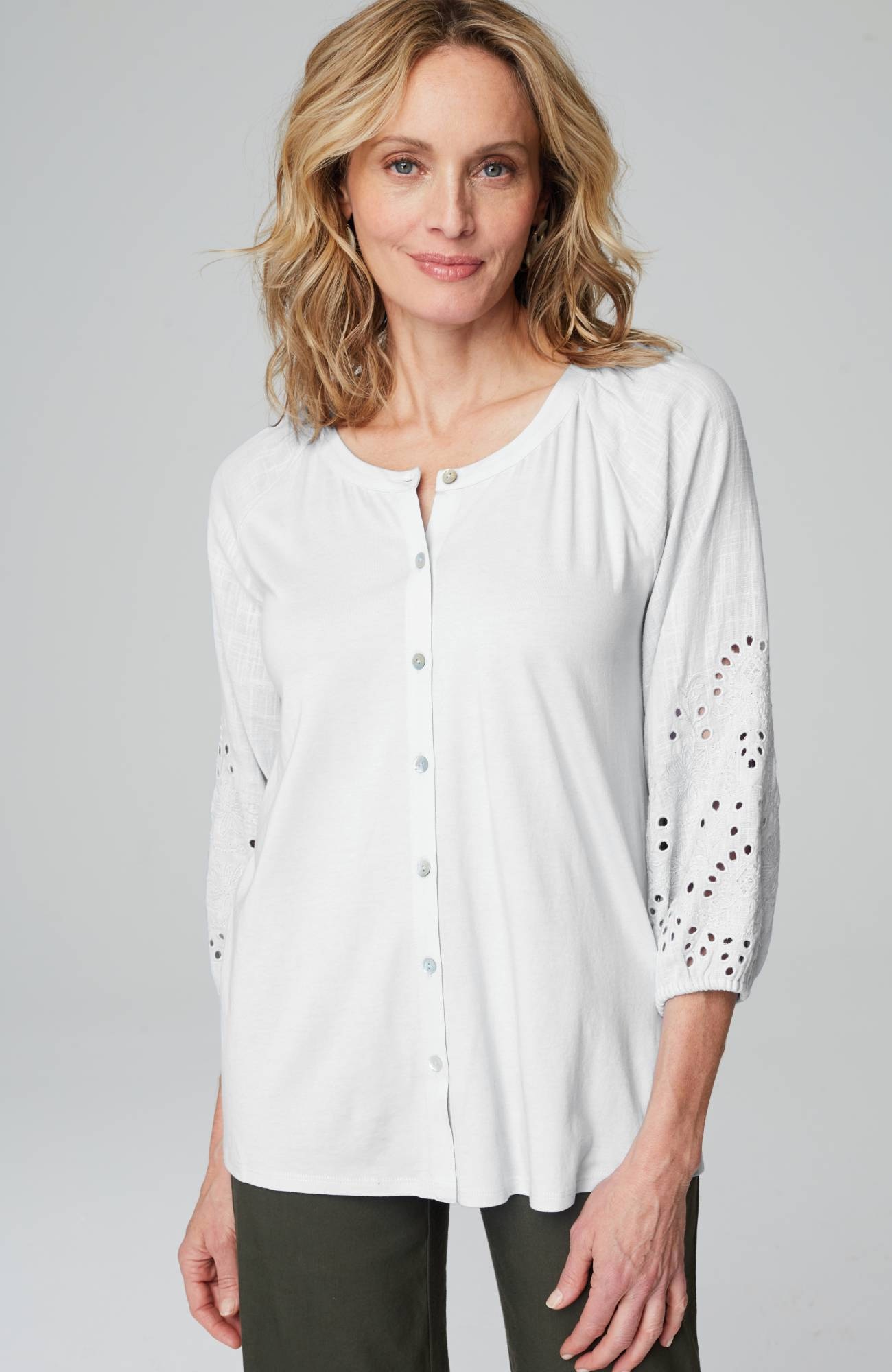 Placed-Eyelet Mixed-Media Top