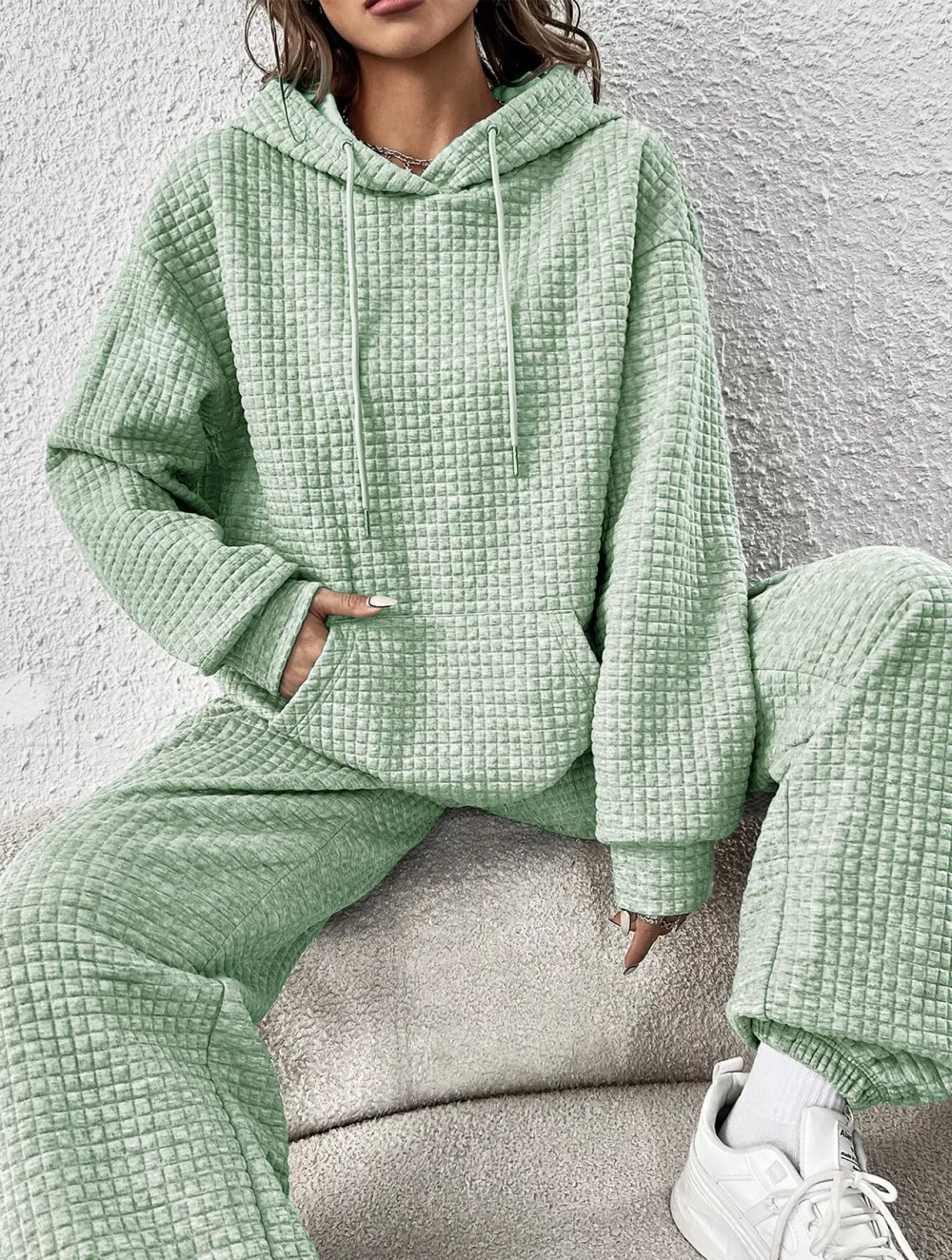 Kangaroo Pocket Drop Shoulder Drawstring Hoodie & Sweatpants