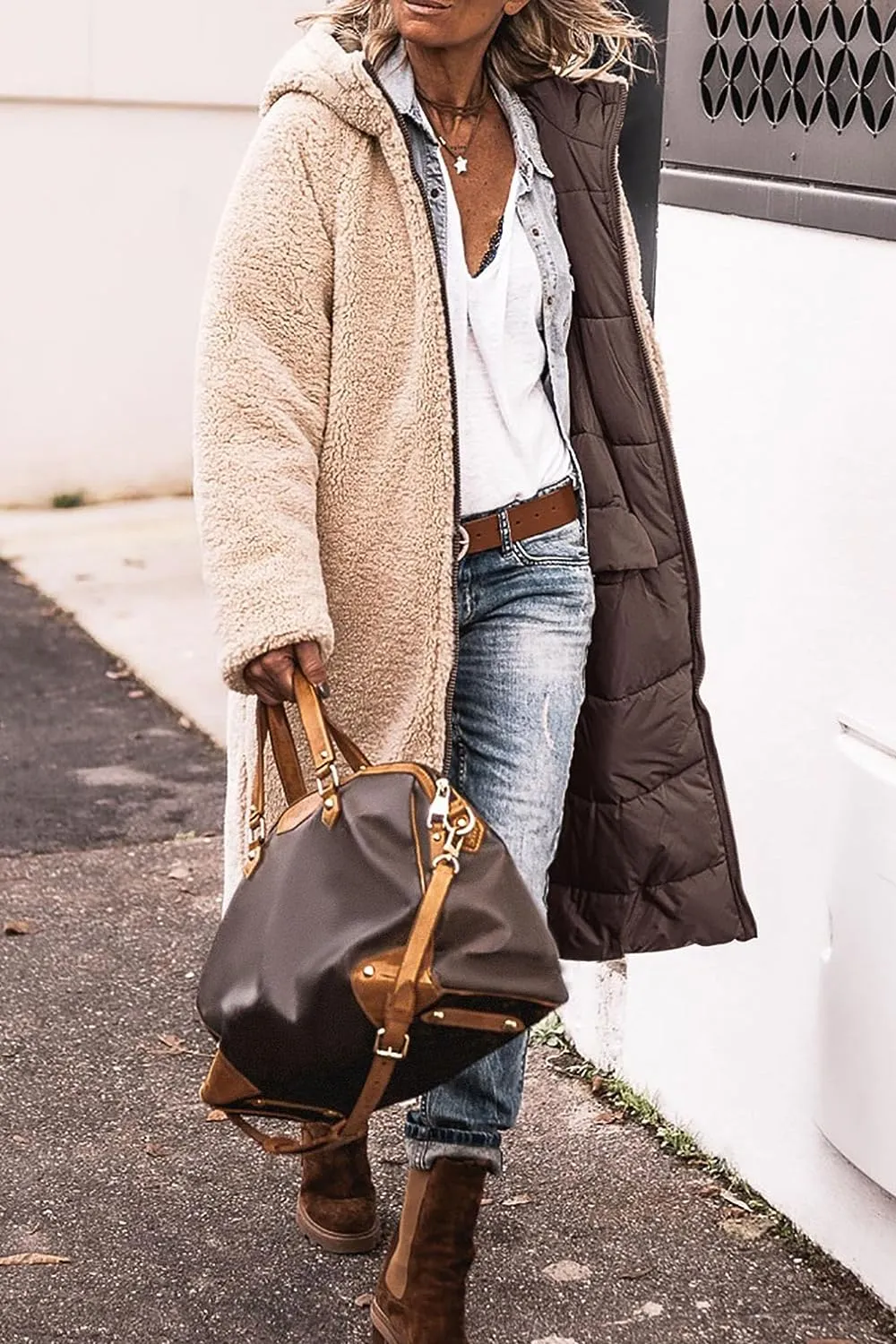 Women's Warm Winter Coats Reversible Sherpa Fleece Long Hooded Puffer Jackets Outerwear
