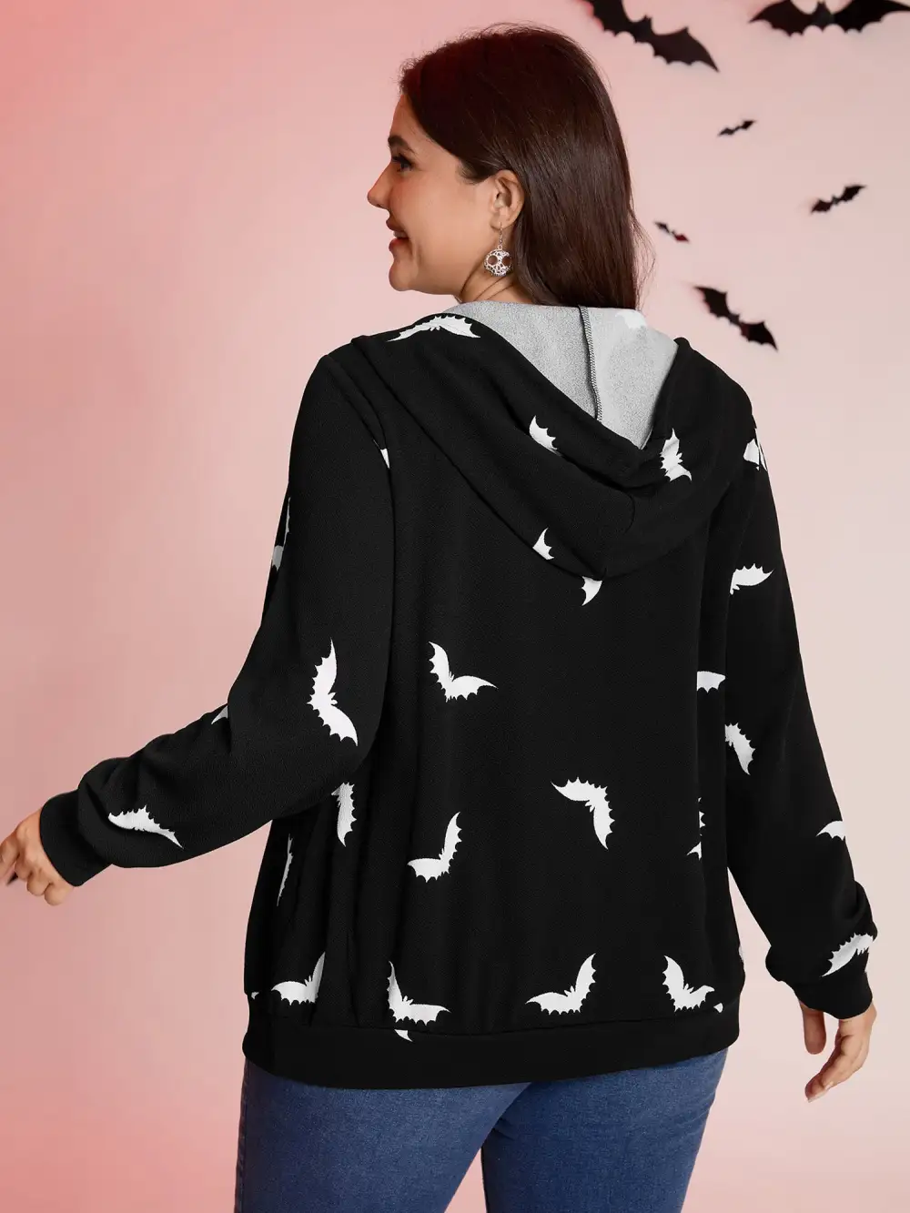 Bat Print Stretchy Textured Zipper Hoodie