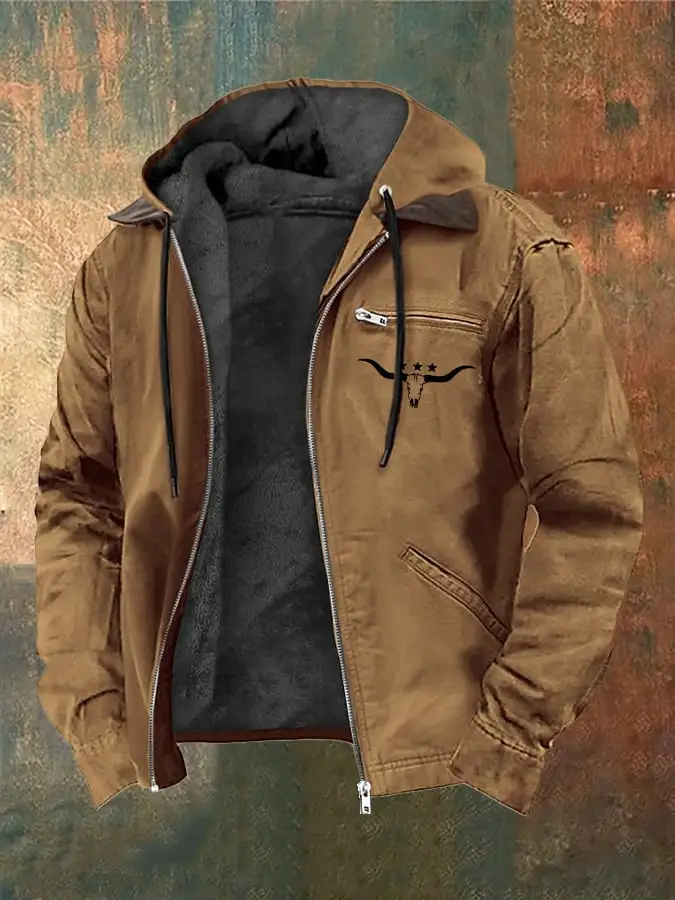 Men's Vintage Plush Western Bull Head Print Zipper Jacket