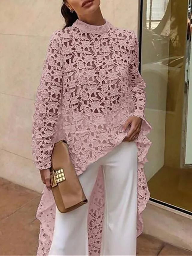 Women's Shirt Blouse Tunic Black White Yellow Plain Lace See Through Long Sleeve Casual Going out Elegant Round Neck Long Slim S