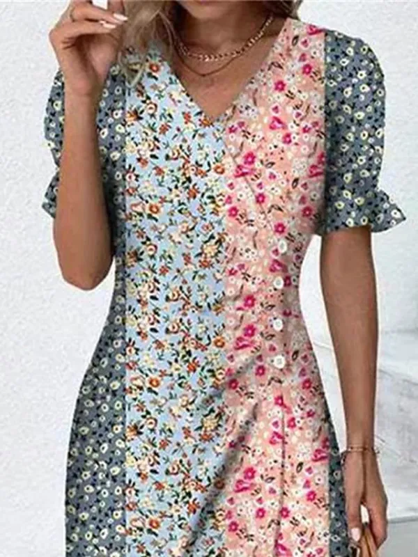 Women's Casual Dress Summer Dress Print Dress Floral Patchwork Button V Neck Midi Dress Fashion Classic Daily Holiday Short Sleeve Loose Fit Pink Summer Spring S M L XL XXL