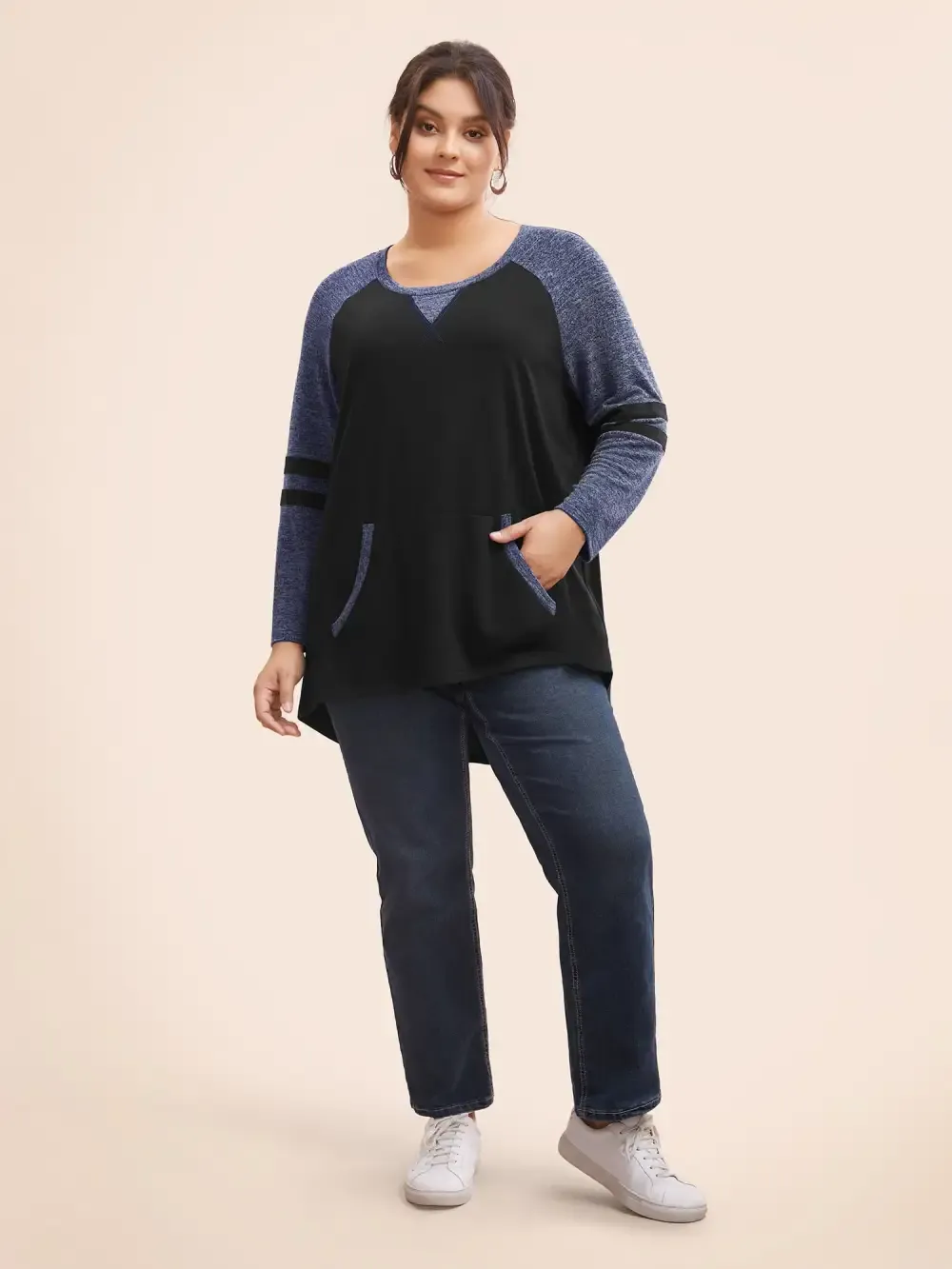 Striped Contrast Pocket Raglan Sleeve High Low Hem Sweatshirt