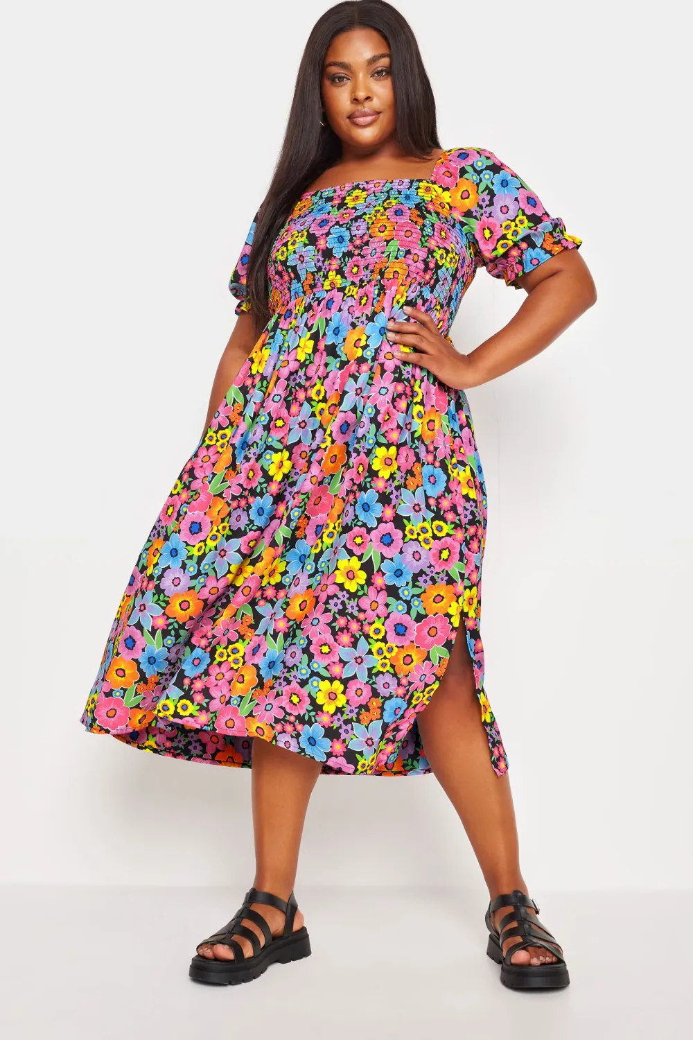 YOURS Curve Black Floral Print Shirred Midi Dress