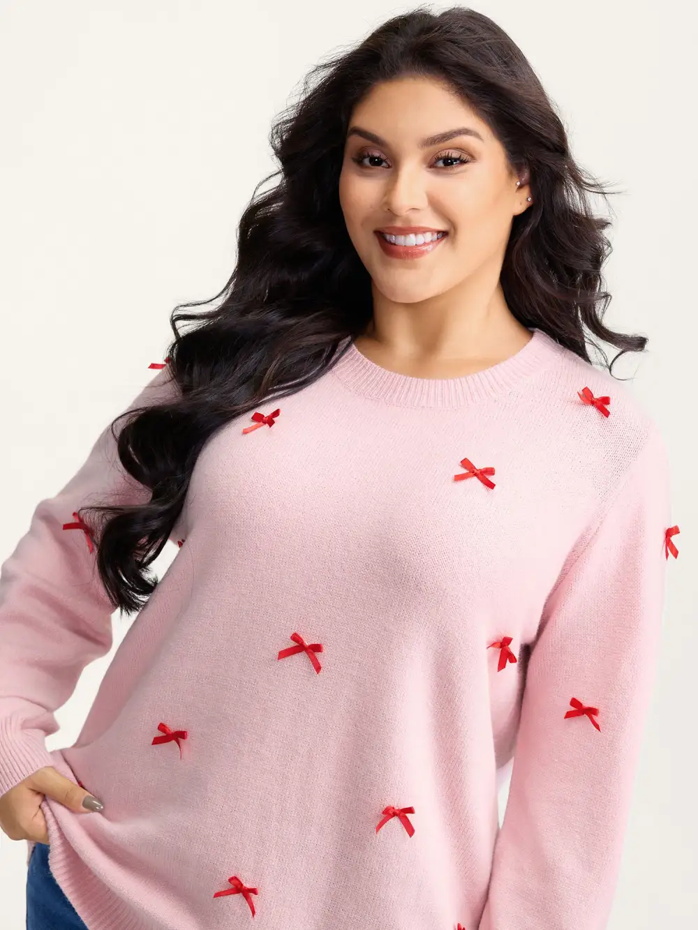 Bowknot Detail Ribbed Hem Pullover