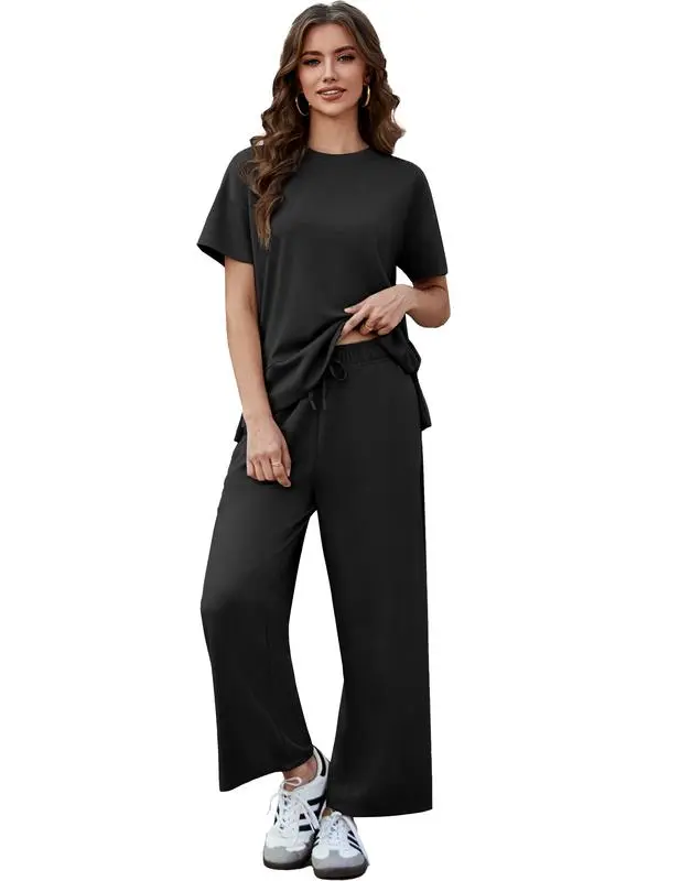 2 Piece Tracksuit for Womenswear Soft Short Sleeve Outdoor Wide Adjustable Leg Pockets Pants Lounge Matching Travel