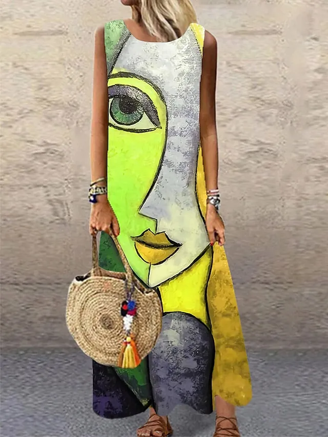 Women's Casual Dress Shift Dress Long Dress Maxi Dress Blue Purple Yellow Sleeveless Color Block Print Spring Summer Crew Neck Modern Daily Vacation Summer Dress Regular Fit 2023 S M L XL XXL 3XL