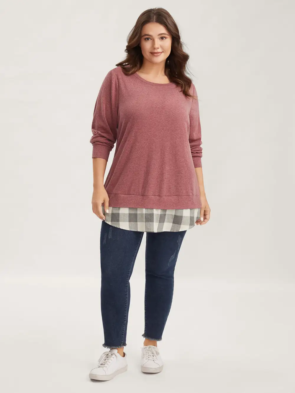 Heather Plaid Patchwork Crew Neck T-shirt
