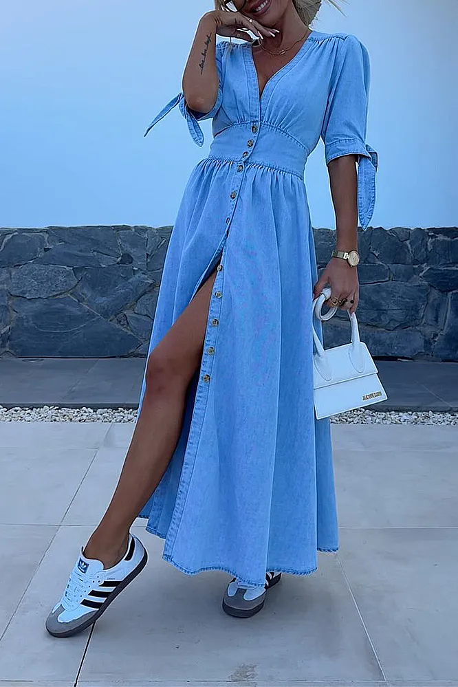 V-neck denim casual dress