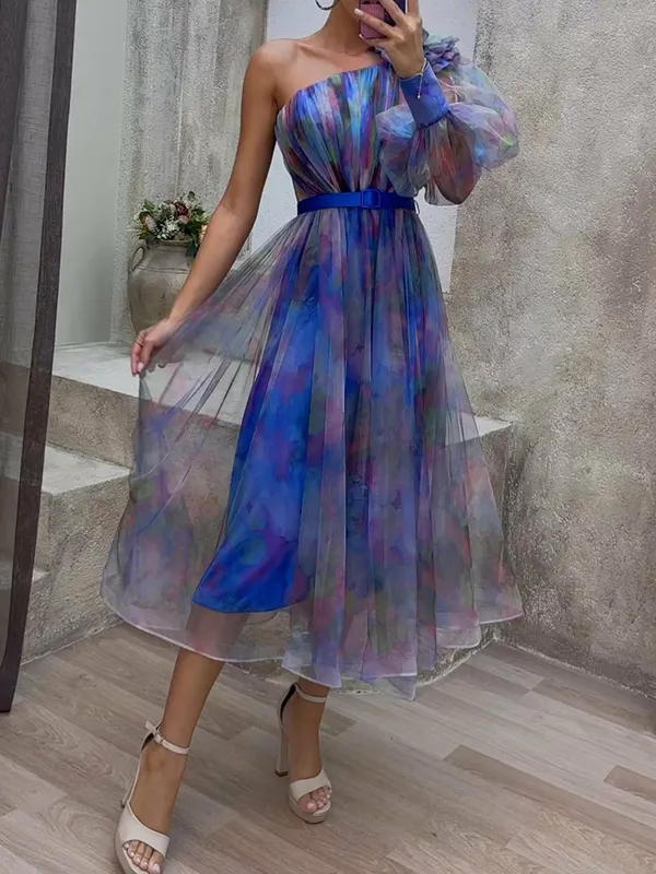 Multicolor One-Sleeve Waist Rose Detail Feather Tulle  Evening Dress