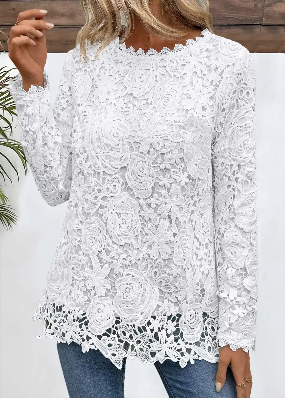 White Embroidery Long Sleeve Round Neck T Shirt