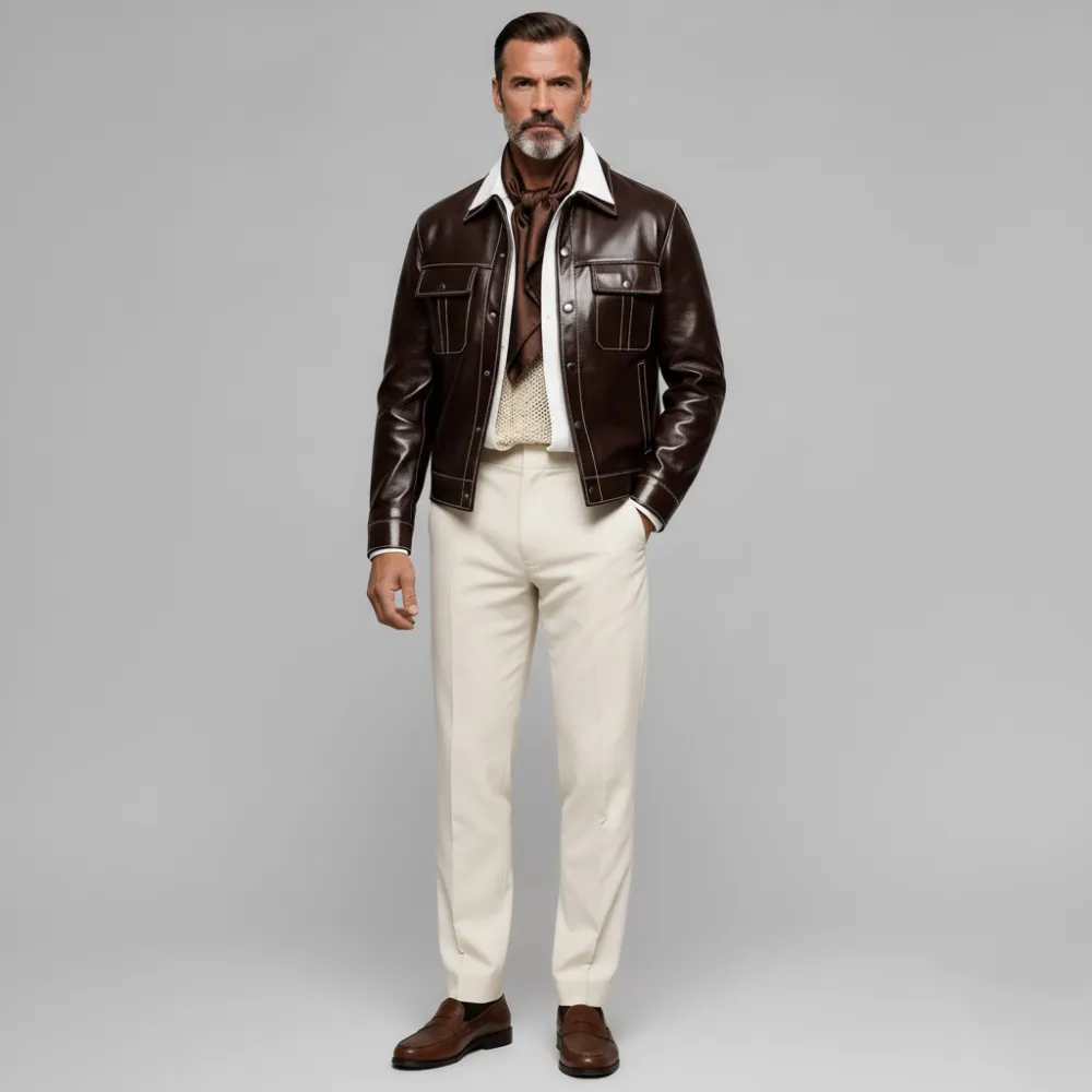 Men's Brown Shirt Collar Long Sleeve Button Contrast Stitched Flap Pockets PU Leather Jacket