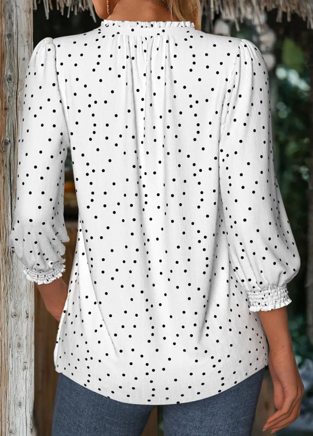 White Polka Dot 3/4 Sleeve V Neck Blouse