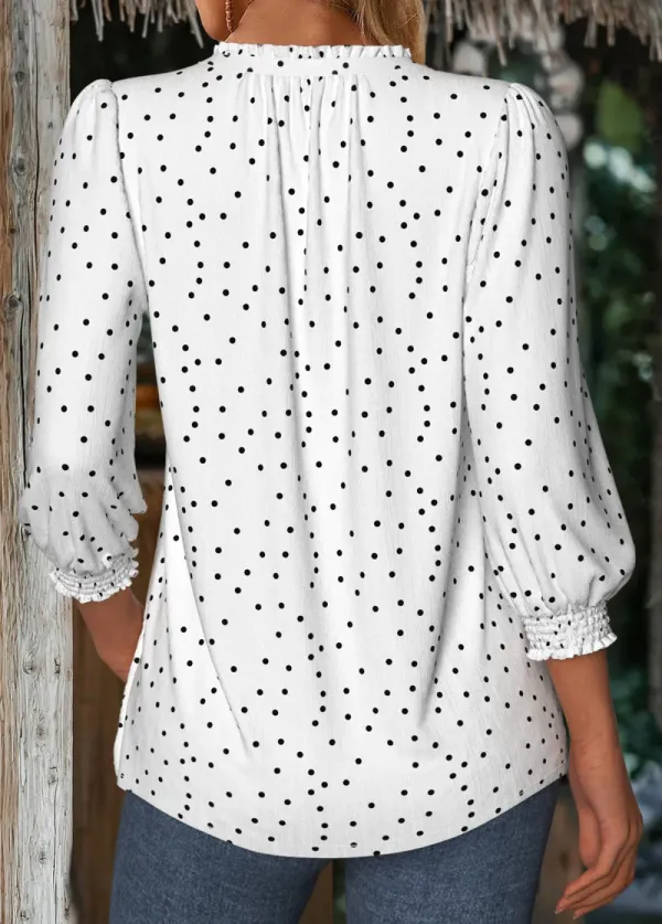 White Polka Dot 3/4 Sleeve V Neck Blouse