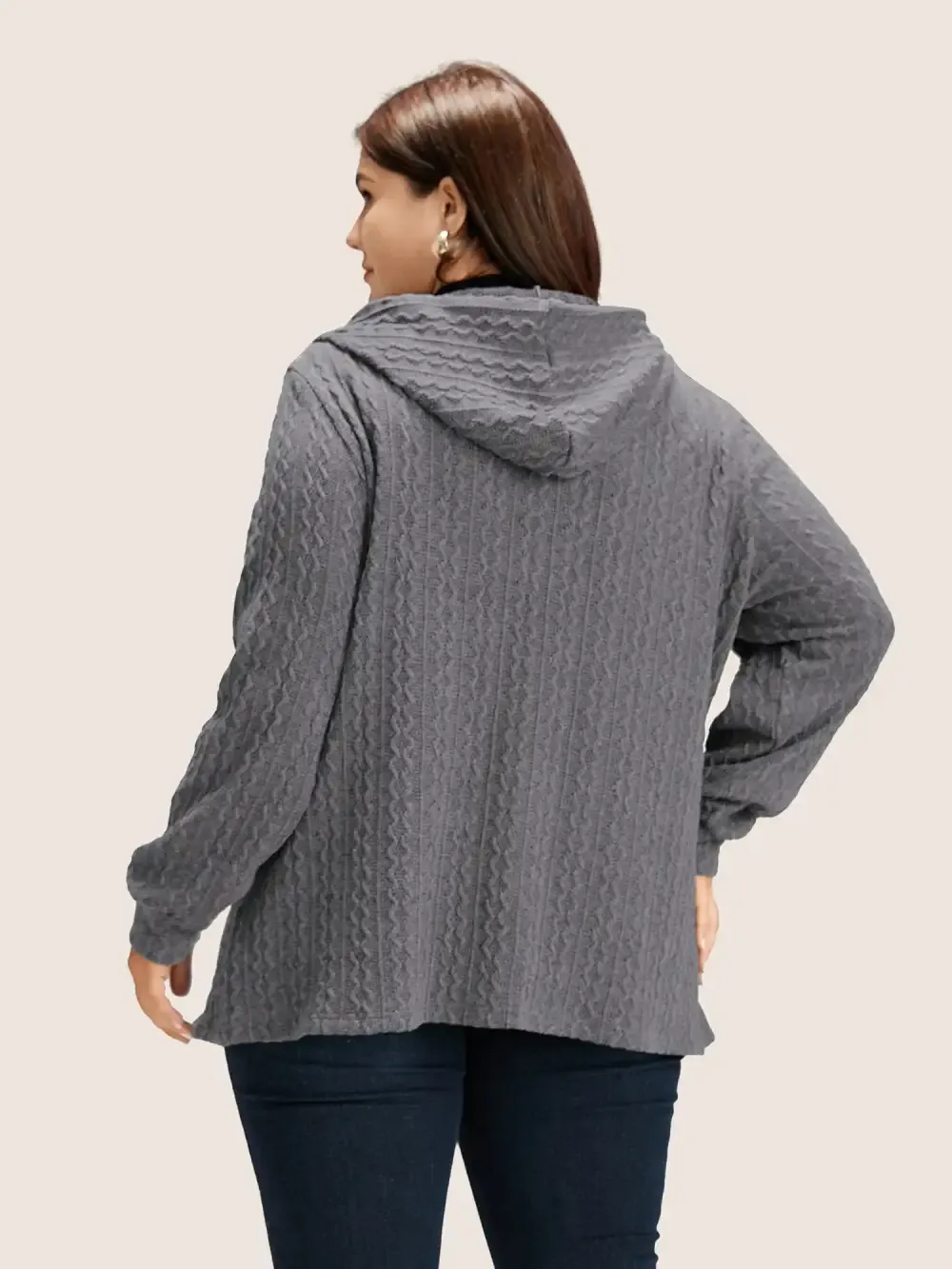 Plain Textured Zipper Hooded Sweatshirt