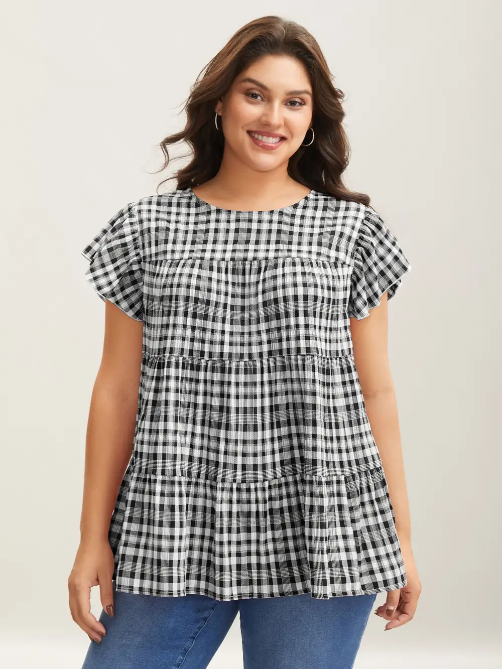 Plaid Print Textured Lotus Leaf Sleeve Shirt