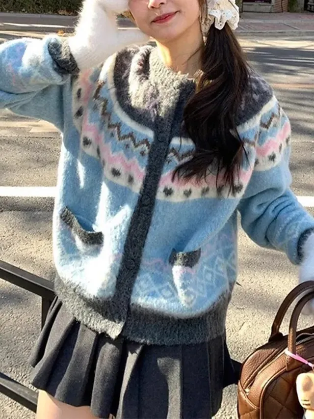 Women's Sweater Cardigan Fair Isle Sweater Vintage Fashion Streetwear Geometric Crew Neck Buttons Knitted Long Sleeve Regular Tops Knit Outdoor Daily Weekend Blue Fall Winter