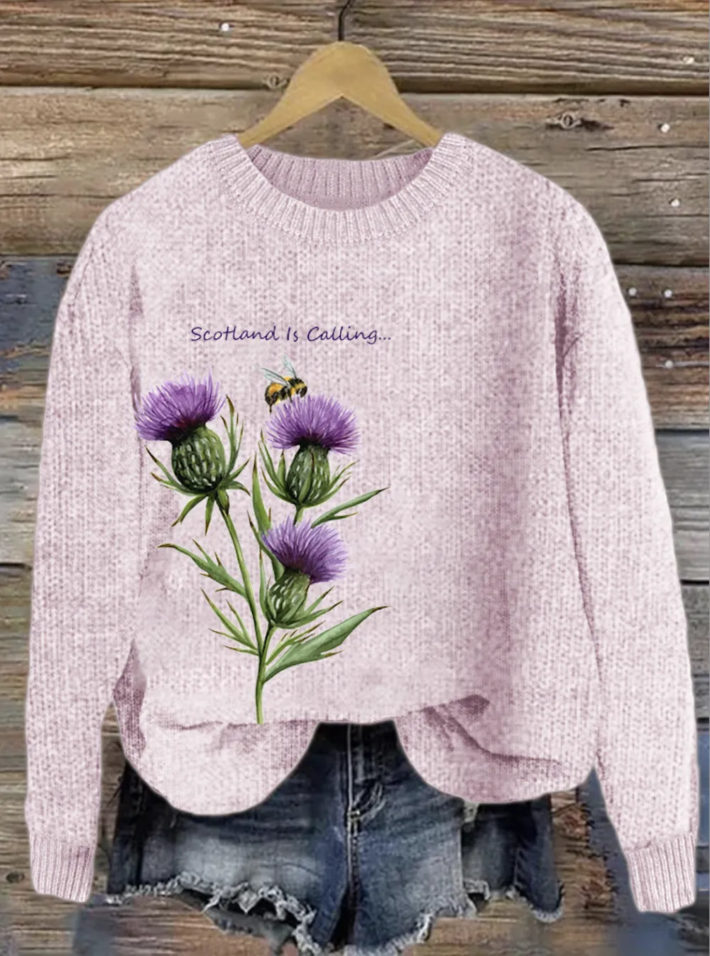 Purple plant flower round neck sweater